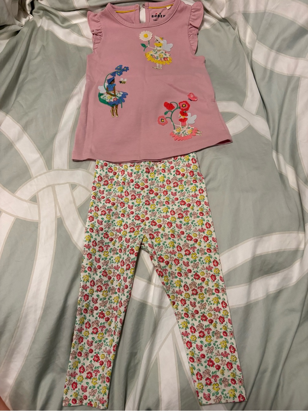 Mini Boden Fairy Pink Floral Appliqué Play Set with Multicolor Floral Leggings